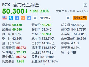 麦克莫兰铜金跌超2% 集团无意效仿其他同业通过收购扩充产能