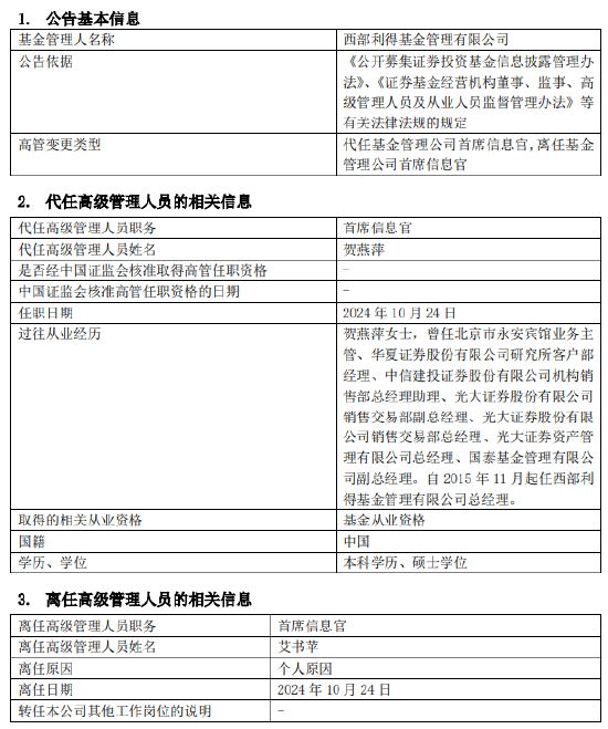 任职4年1月！西部利得基金艾书苹因个人原因离任 总经理贺燕萍代任首席信息官职